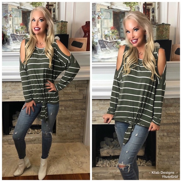 ๐LAST! Olive Striped Cold Shoulder Front Tie Top! - Picture 3 of 6
